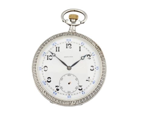 AN OPEN FACED ZENITH POCKET WATCH, circular white enamel dial with black arabic indices, outer minute track and 24 hour numer