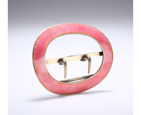 A NORWEGIAN SILVER AND ENAMEL BUCKLE, by Marius Hammer, Bergen (1847-1927), oval, the frame with engine-turned pink enamel, s