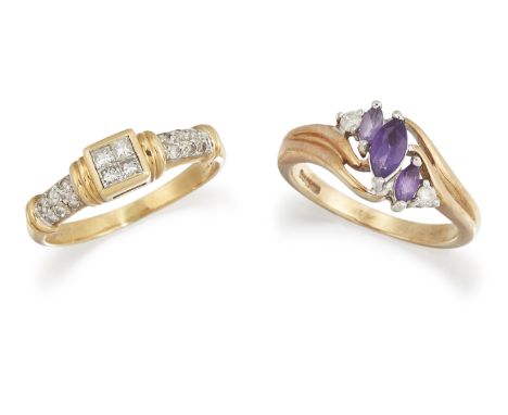 AN 18CT DIAMOND RING AND A 9CT AMETHYST RING, the diamond ring set to centre with four princess cut diamonds, collet mounted 