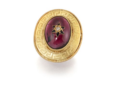 A LATE VICTORIAN GARNET RING, the oval garnet cabochon, approx. 17.6 x 13.1mm, set to centre with a diamond highlight and bla