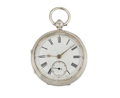 A HALLMARKED SILVER OPEN FACED POCKET WATCH, circular white enamel dial with black roman indices, sub seconds dial at 6 o'clo