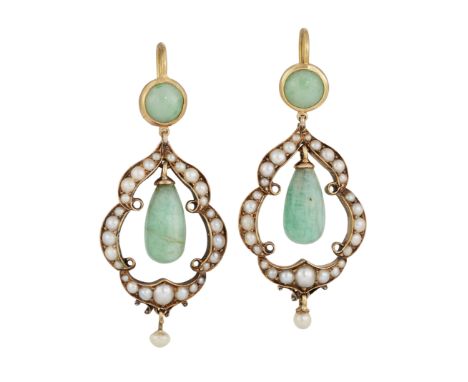 A PAIR OF JADE AND PEARL EARRINGS, the jade drops, approx. 14mm long, suspended with an undulating framework of split pearls 