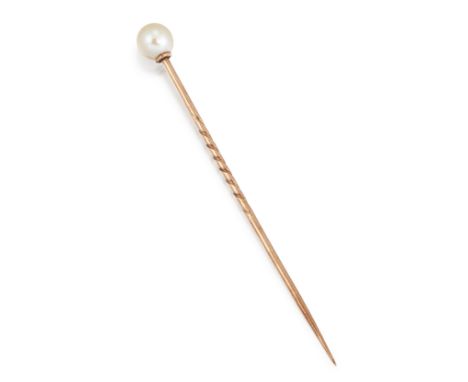 A NATURAL SALTWATER PEARL STICKPIN, the round natural saltwater pearl, 6.4 x 6.2 x 6.1mm, mounted to a plain unmarked stick p