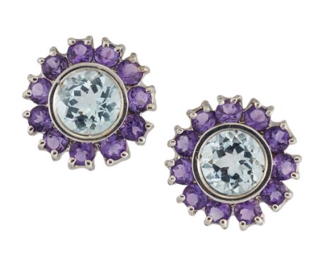 A PAIR OF 18CT AQUAMARINE AND AMETHYST EARRINGS, the round faceted aquamarines, in rubover mounts and surrounded by round fac