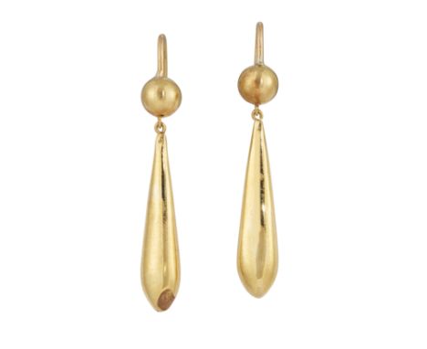A PAIR OF GOLD EARRINGS, the lozenge drop earrings, suspended beneath a sphere with integrated earhooks, unmarked (test as ap