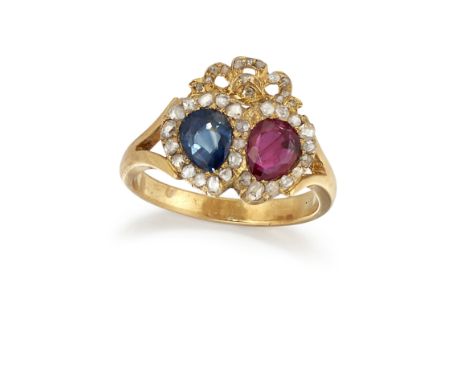 A NINETEENTH CENTURY FRENCH SAPPHIRE, RUBY AND DIAMOND HEART RING, the pear shaped sapphire, estimated approx. 0.60cts, and r