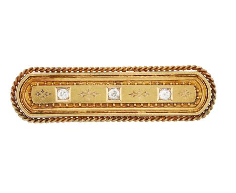 A 15CT DIAMOND BROOCH, the rectangular panel set with three old mine cut diamonds, total estimated approx. 0.30cts, with oute