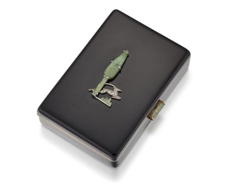 AN ART DECO ENAMEL AND GEM-SET COMPACT, PROBABLY BY CARTIER, CIRCA 1925, of rectangular outline, applied with black enamel th