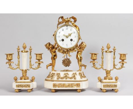 A GOOD LOUIS XVI ORMOLU AND MARBLE THREE PIECE CLOCK SET, comprising drum clock with eight-day movement held by two cupids on