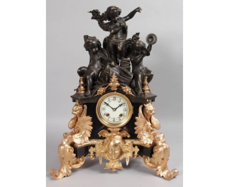 A SUPERB 19TH CENTURY FRENCH BRONZE AND GILT METAL CLOCK, with eight-day movement, the case surmounted by three cupids playin