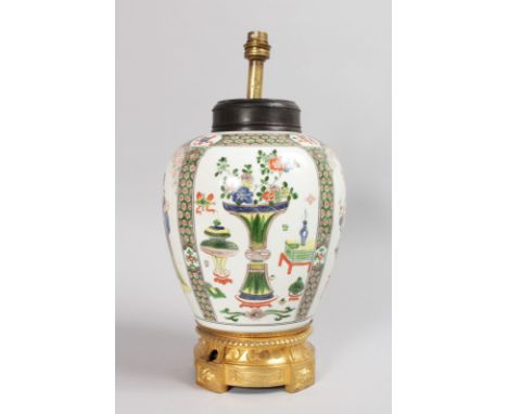 A FINE SAMSON OF PARIS CHINESE FAMILLE GINGER JAR with ormolu base converted to a lamp. 13ins high.