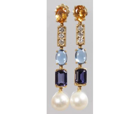 A SUPERB PAIR OF BULGARI DIAMOND, TOPAZ, SAPPHIRE AND PEARL DROP EARRINGS.