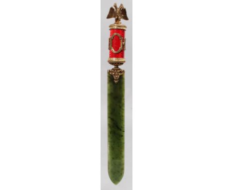 A SUPERB "FABERGE" GREEN JADE, SILVER GILT AND DIAMOND MOUNTED PAPERKNIFE. 24cms long.