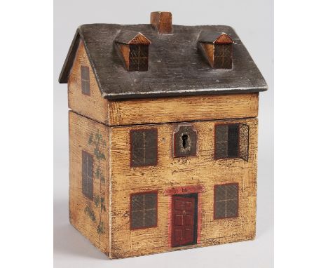 A GEORGIAN PAINTED WOOD HOUSE TEA CADDY with rising roof. 8ins high.