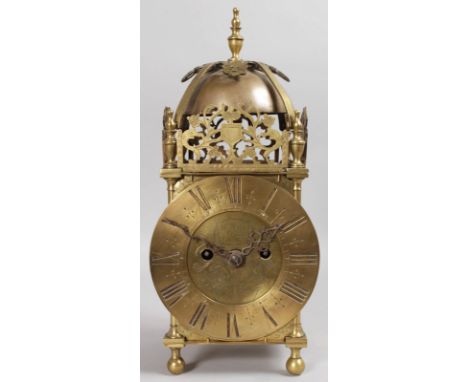 A SUPERB LARGE BRASS LANTERN CLOCK (19TH CENTURY WITH AN 18TH CENTURY CASE) with double fusee movement, chain driven striking