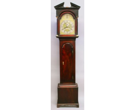 A GEORGE III MAHOGANY LONGCASE CLOCK, with eight-day movement, arch dial with subsidiary strike/silent dial, seconds dial, si