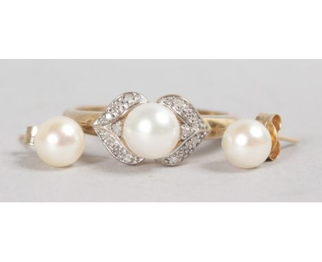 A 9CT GOLD, PEARL AND DIAMOND RING and PAIR OF PEARL EAR STUDS.