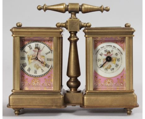 A MINIATURE BRASS DOUBLE CLOCK AND BAROMETER with painted panels and carrying handle. 4.5ins high.