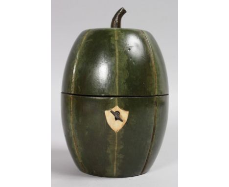 A PAINTED MELON SHAPED TEA CADDY. 6ins high.