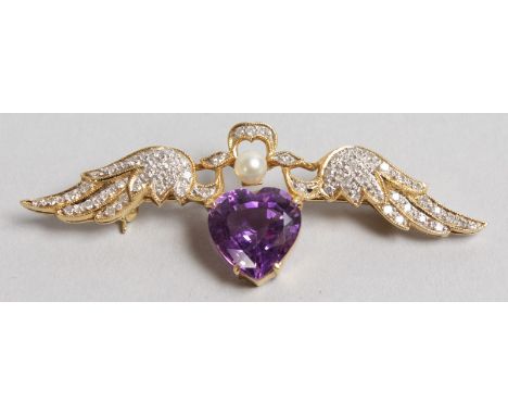 AN 18CT YELLOW GOLD, DIAMOND AND PEARL BROOCH set with amethyst and diamond set wings.