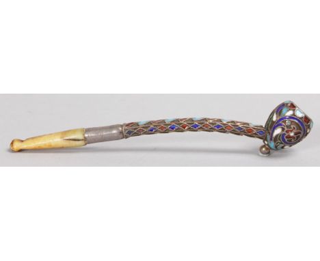 A SMALL RUSSIAN SILVER AND ENAMEL PIPE. 10cms long.