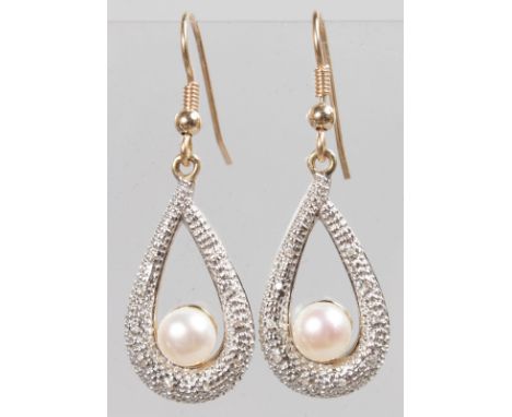 A PAIR OF 9CT GOLD, PEARL AND DIAMOND DROP EARRINGS.