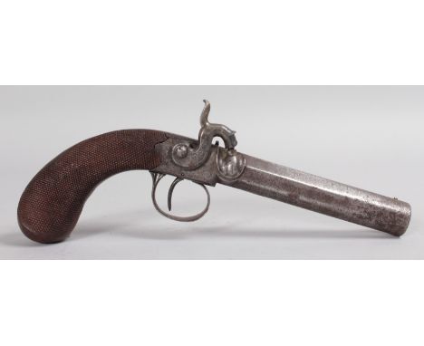 A PERCUSSION CAP BELT PISTOL, frame engraved with scrolling foliage, chequered walnut butt with nickel silver oval escutcheon