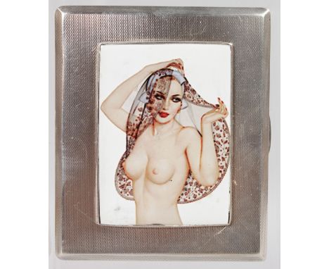 A GEORGE V ENGINE TURNED CIGARETTE CASE, Birmingham 1913, with a glamour model plaque.