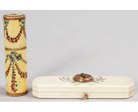 A GEORGE III IVORY SCENT BOTTLE painted with garlands, 2ins long, and A GEORGIAN IVORY PATCH BOX, 2.75ins long (2).