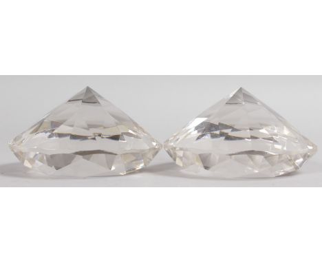 A PAIR OF CUT GLASS DIAMOND SHAPED PAPERWEIGHT. 4ins diameter.