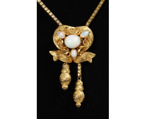 A GOOD VICTORIAN GOLD OPAL SET NECKLACE AND DROP PENDANT, in original velvet box, R. C. OLDFIELD, LIVERPOOL.