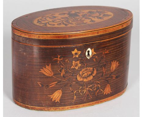 A VERY GOOD GEORGE III OVAL TEA CADDY with crossbanded top with large floral oval and inlaid flowers to the front.  7.25ins w