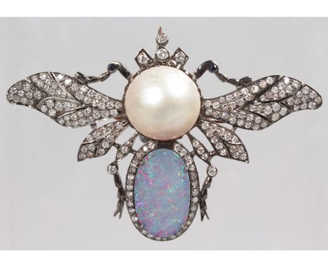 A SUPERB LARGE DIAMOND, OPAL AND PEARL BUG BROOCH. 9cms wide.