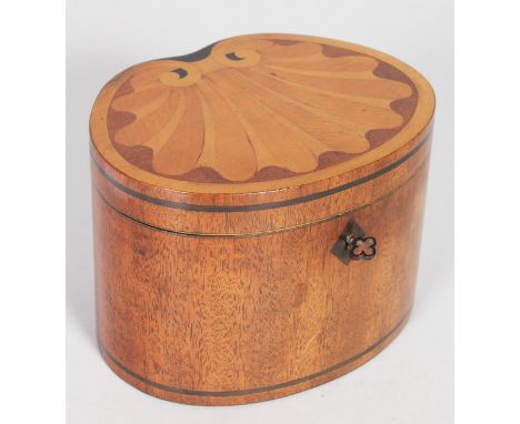 A VERY GOOD GEORGE III SHELL SHAPE TEA CADDY with shell shaped inlaid top.  5.5ins wide.