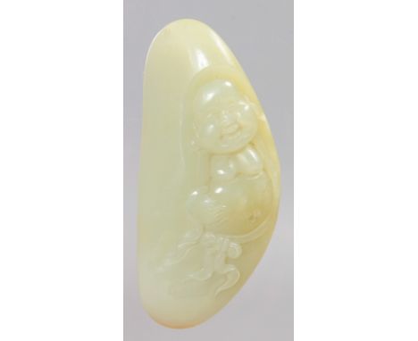 A CHINESE JADE PEBBLE, carved with a Hotei.  8cms.