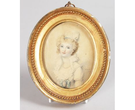 W. PLATT Portrait miniature, half length of a young lady. Signed and dated 1794.  4.25ins x 3.5ins, in a oval gilt frame.