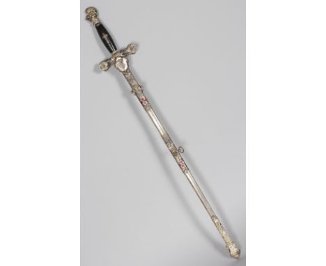 A MASONIC SWORD, 20TH CENTURY, with etched blade, and enamel decorated scabbard. 2ft 11ins overall.