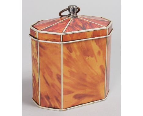 A TIN BLONDE TORTOISESHELL TEA CADDY. 4.5ins high.