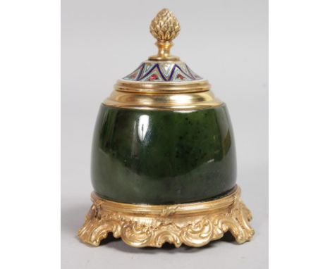 A SUPERB "FABERGE" JADE, ENAMEL AND SILVER GILT INK POT with pineapple finial. 7cms diameter overall, 9cms high.