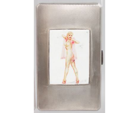 A GEORGE VI ENGINE TURNED CIGARETTE CASE, Birmingham 1938, with a glamour model plaque.