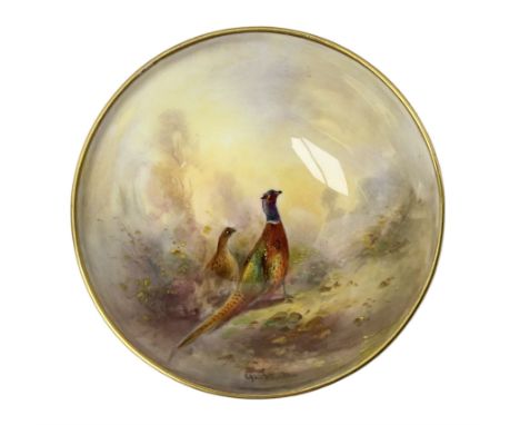 1938 Royal Worcester circular pedestal pin dish, decorated with pheasants in a landscape by James Stinton, with printed mark 