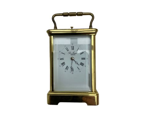 8-day French 20th century corniche carriage clock with a striking movement and repeat work, white enamel dial with Roman nume