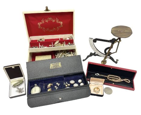 Early 20th century 9ct gold seed pearl bar brooch, collection of vintage and later costume jewellery and a set of scales