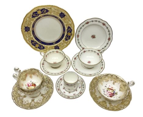 Collection of Coalport tea wares, comprising three teacups and two plates in beige batwing pattern, finely decorated with ena