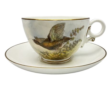 Royal Worcester large novelty cup and saucer painted with decorated with a grouse taking flight in a landscape by James Stint