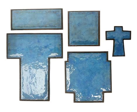 Henry George Murphy (1884-1939), five Arts &amp; Crafts enamel panels, of various flat topped form in mottled tones of blue, 