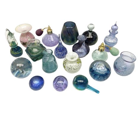 Mdina perfume bottle of square sided squat form with trailed decoration and spherical stopper in the Sea and Sand pattern, to