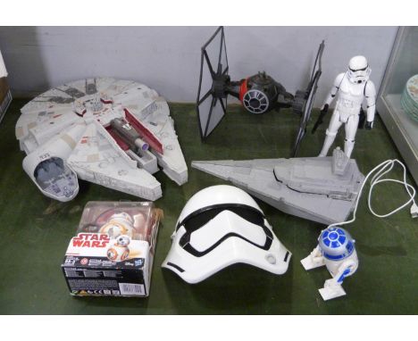 Star Wars model Millennium Falcon, Stormtrooper (talking), BB-8, mask, R2D2 desk top vacuum, etc. 