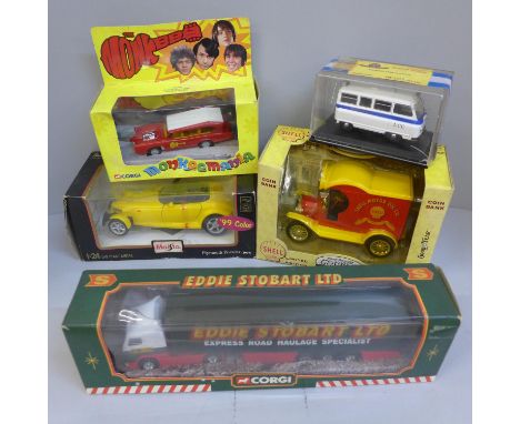 A Shell limited edition die-cast metal coin bank, a Corgi Monkeemania The Monkees die-cast model vehicle, Corgi Eddie Stobart