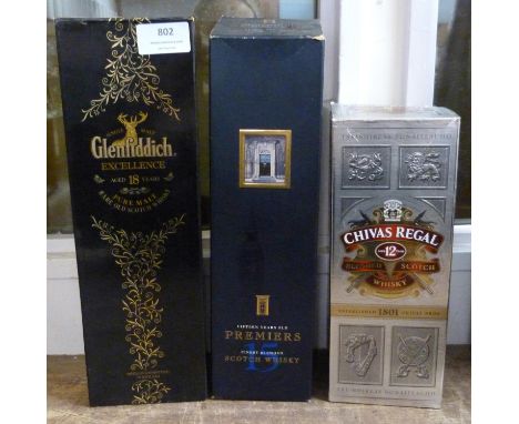 Three boxes bottles of whisky; a Glenfiddich Aged 18 Years pure malt, rare old scotch whisky, Chivas Regal, Aged 12 Years and